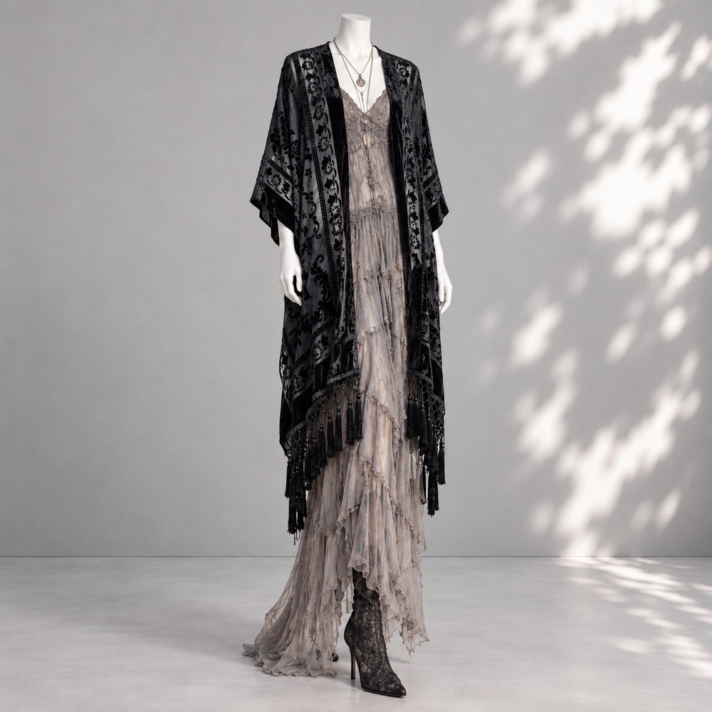 Black Velvet Burnout Kimono OS Sheer Floral Tassel Fringe Whimsigoth Duster